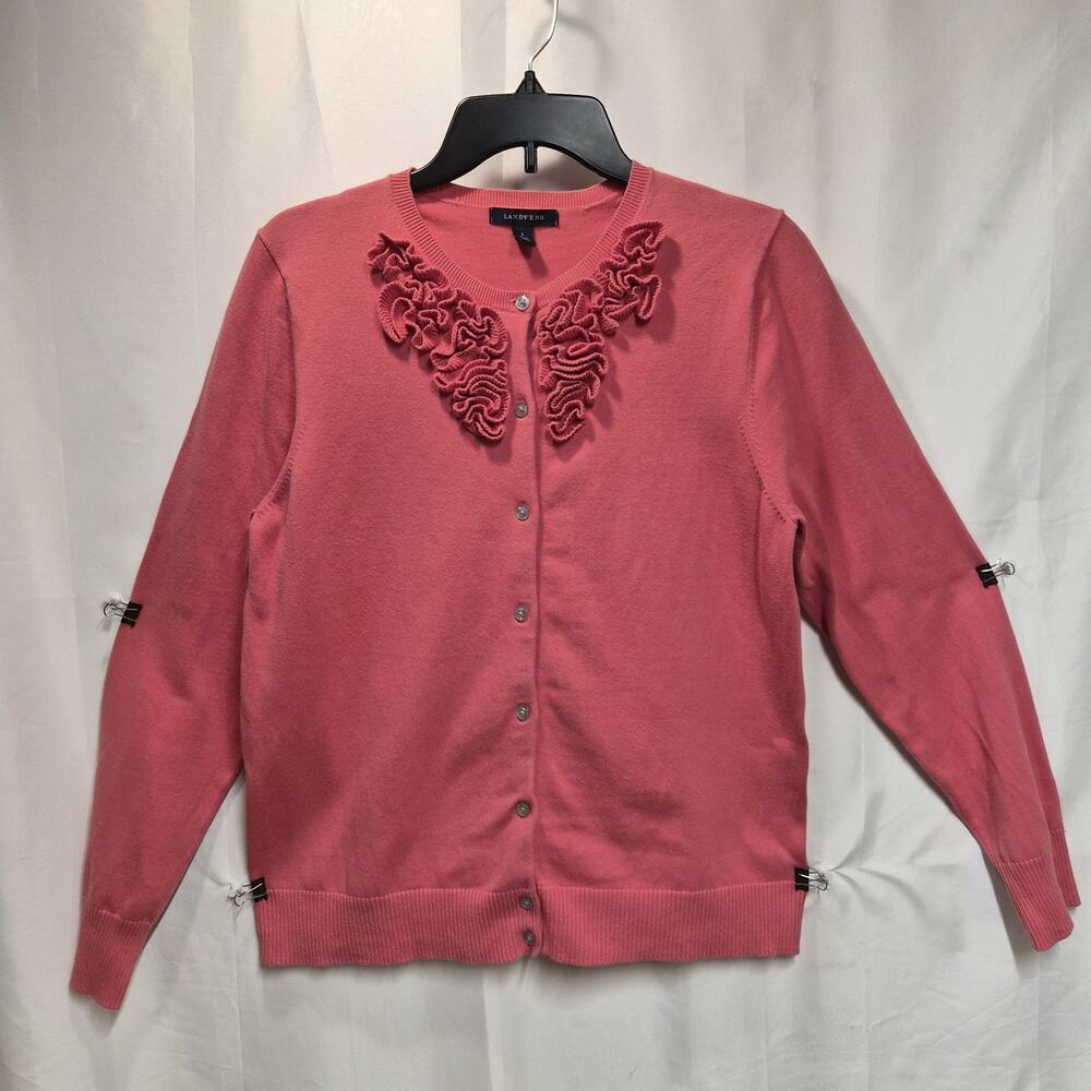 Lands' End Women's Cardigan Large Pink Button-Up Long Sleeve Ruffled Knit Trim